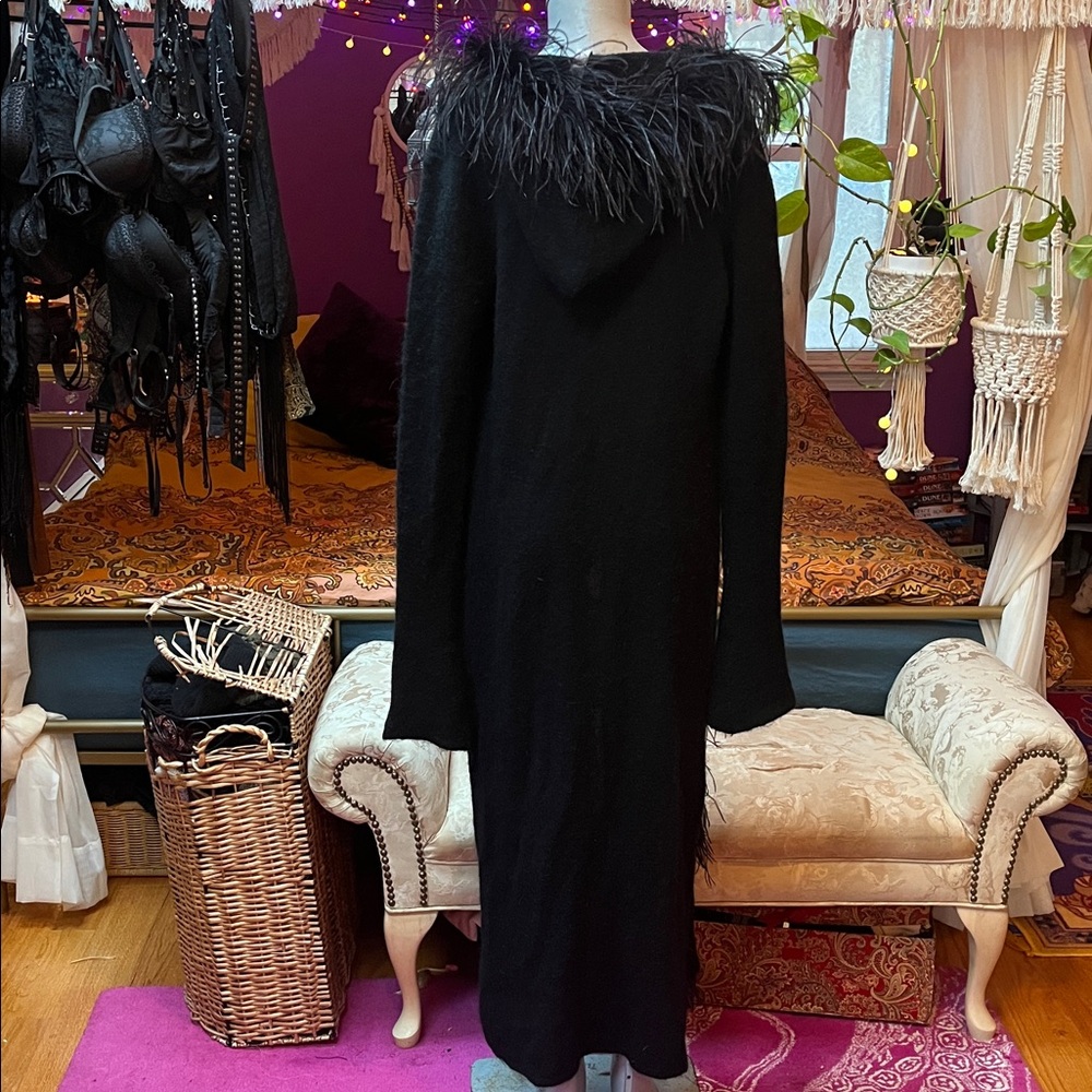 Vintage Goth black marabou feather trim mohair wool cardigan duster jacket - Picture 4 of 5